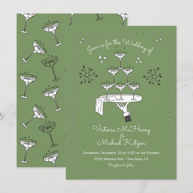 Invitation Doodle croquis Funky Champagne Mariage (Devant / Derrière)