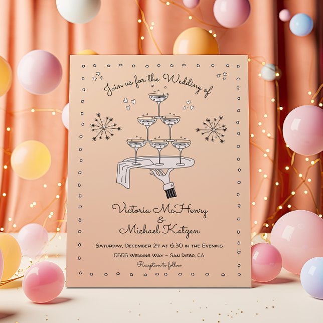 Invitation Doodle croquis Funky Champagne Mariage (Créateur téléchargé)