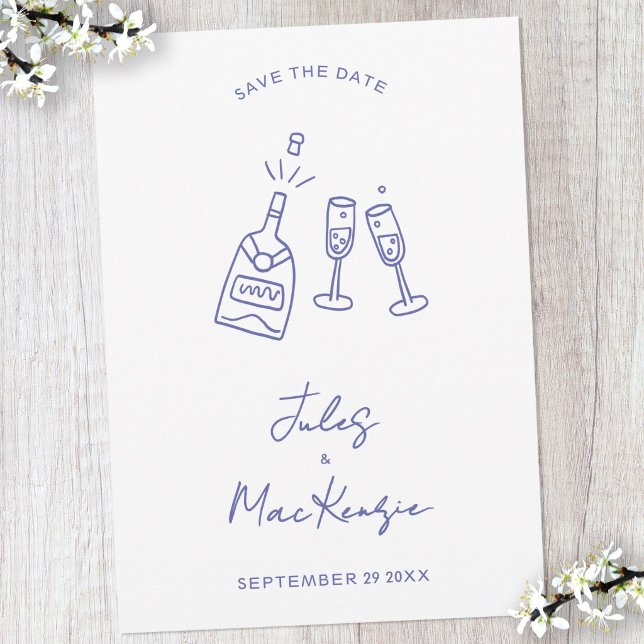 Invitation Doodle de célébration moderne pour mariage Save th (Fun doodle line art champagne bottle and glasses wedding save the date invitation)