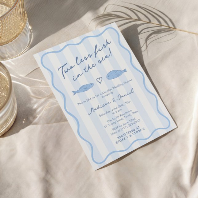 Invitation Doodle Deux Poissons De Moins Dans La Mer Fête De  (Modern hand-drawn Two Less Fish In The Sea co-ed bridal shower invitation with handwritten font)