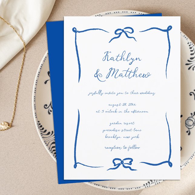 Invitation Doodle en ruban à main tiré Mariage bleu français (Créateur téléchargé)