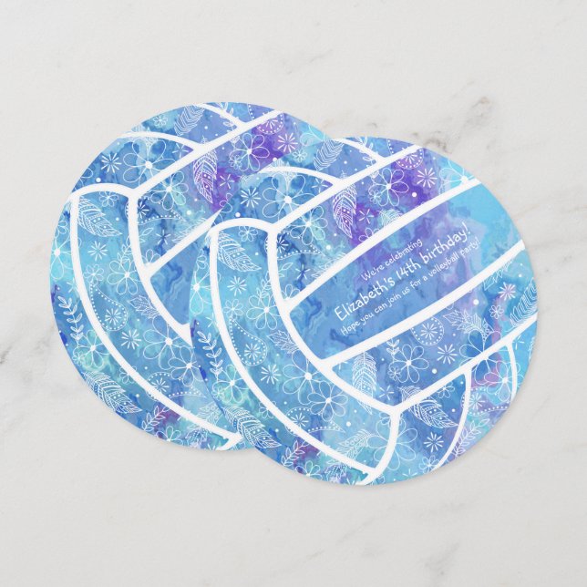 Invitation Doodle fleurs plumes motif bleu volleyball (Devant / Derrière)