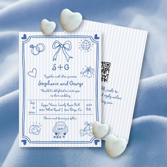 Invitation Doodle gribouillant bleu dessiné à la main QR code (Créateur téléchargé)