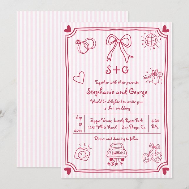 Invitation Doodle gribouillant rose, rayures mariage (Devant / Derrière)
