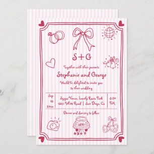 Invitation Doodle gribouillant rose, rayures mariage