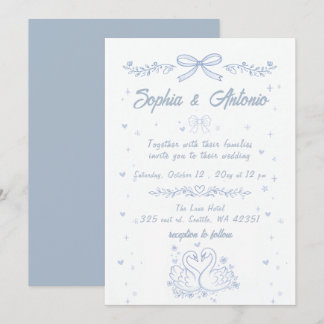 Invitation Doodle Hand Drawn Dusty Blue Swans Wedding