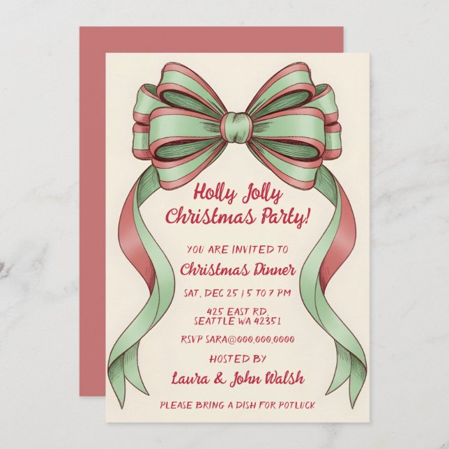Invitation Doodle Hand drawn Green Red Bow Christmas Party (Devant / Derrière)
