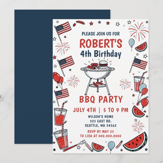 Invitation Doodle Hand Drawn July 4th BBQ Birthday Party  (Devant / Derrière)