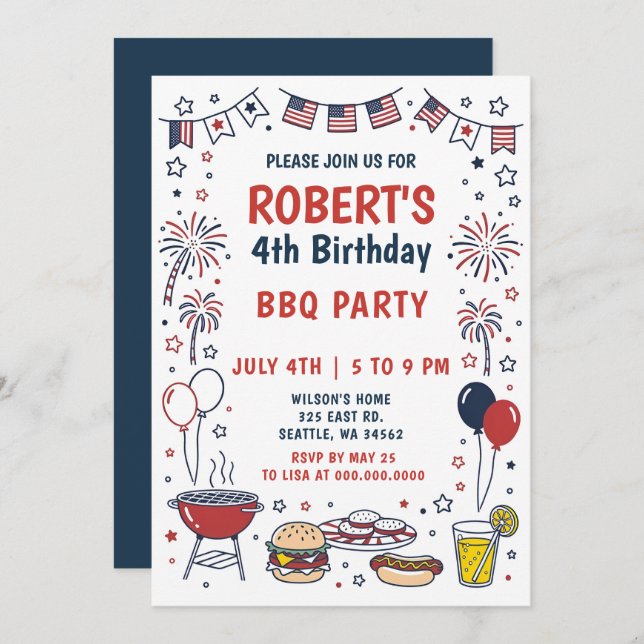 Invitation Doodle Hand Drawn July 4th BBQ Birthday Party  (Devant / Derrière)