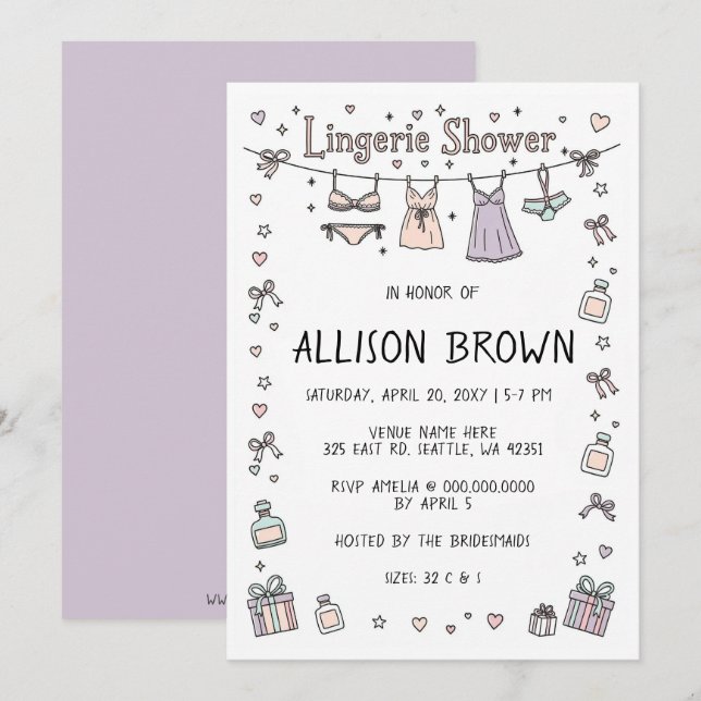 Invitation Doodle Hand Drawn Lingerie Shower Bachelorette  (Devant / Derrière)