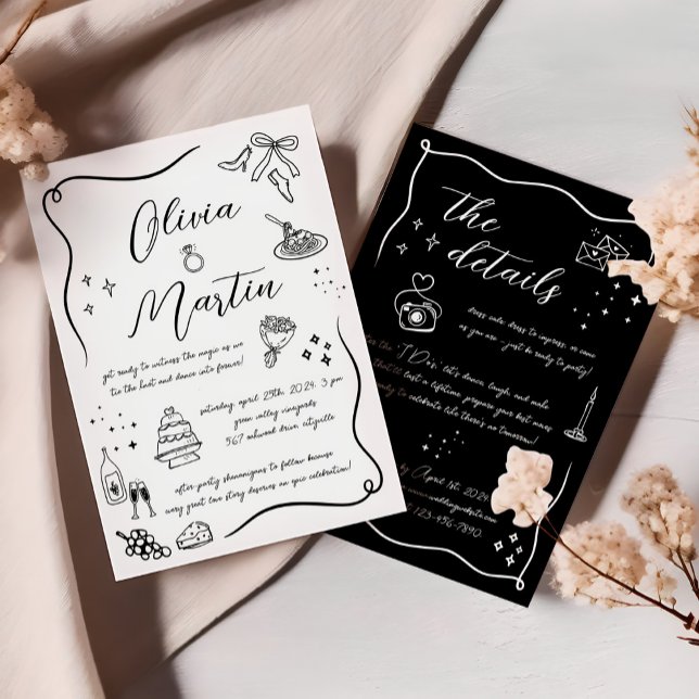 Invitation Doodle italien à main Mariage noir et blanc (Créateur téléchargé)