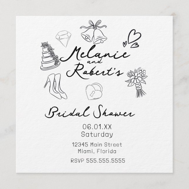 Invitation Doodle Mignon Fantaisiste Mariage Noir Blanc (Devant)