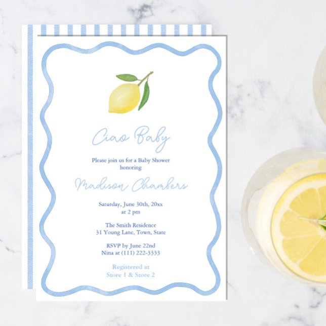 Invitation Doodle moderne Bleu Frontière Citron bébé Garçon D (Ciao baby! Boho citrus baby boy shower invitations with wavy border and pale blue and white stripes)