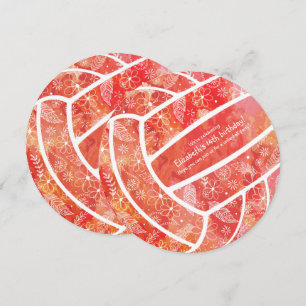 Invitation Doodle motif floral rouge orange volleyball fête