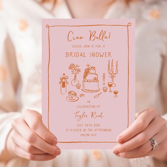 Invitation Doodle Nourriture Mariage Rose Shower (Ciao Bella pink and orange bridal shower invitation with hand-drawn food and drink doodles)