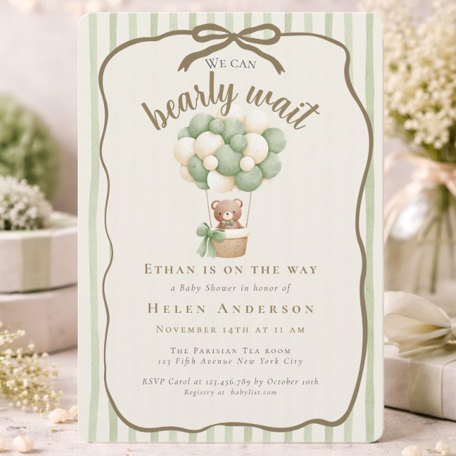 Invitation Doodle On attend à peine Teddy Vert sauge Bébé (Doodle We can Bearly Wait Teddy Sage green Baby Invitation)