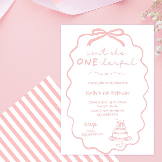 Invitation Doodle Pink Bow Baby Girl 1er Anniversaire Coquett (coquette bow, pink bow, watercolor, hand drawn, pink coquette, blush,  baby girl, first birthday inv)
