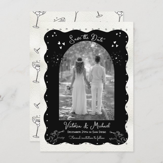 Invitation Doodle Sketch Cherub Funky Save the Date Arch (Devant / Derrière)