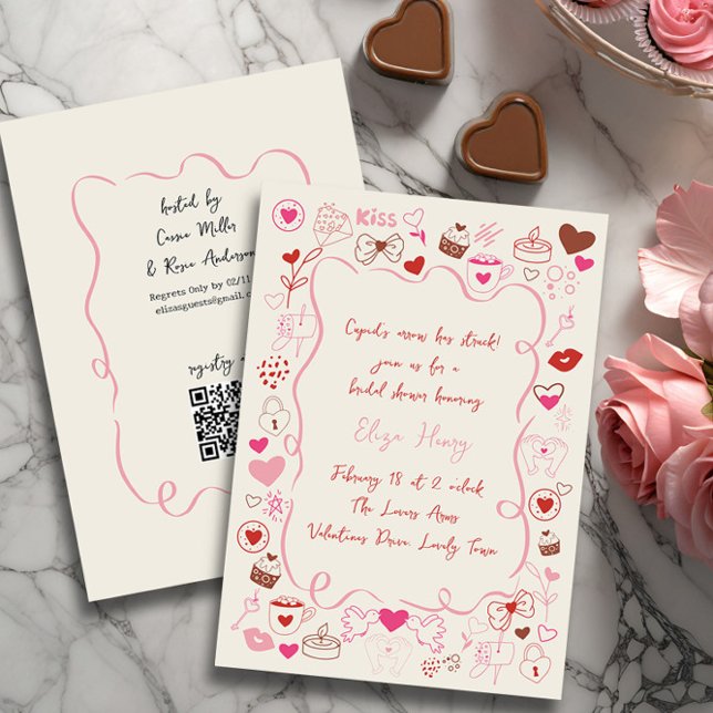 Invitation Doodle Whimsical Fête des mariées de Valentine (Bridal Shower invitation from the Valentines Bridal Shower Invitation collection by Darling & May)