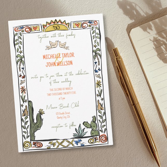 Invitation Doodle Whimsical Main Drawn Mexico Beach Wedding (mexican doodle colorful cactus)
