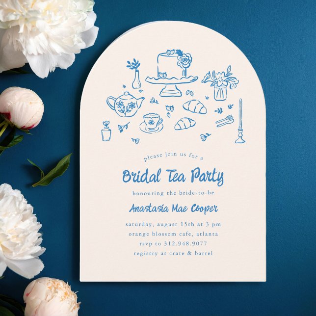 Invitation Doodle Whimsical Main tiré la fête de thé nuptiale (charming bridal tea party invitation with hand-drawn illustrations of cake, tea pot, tea cups, etc.)