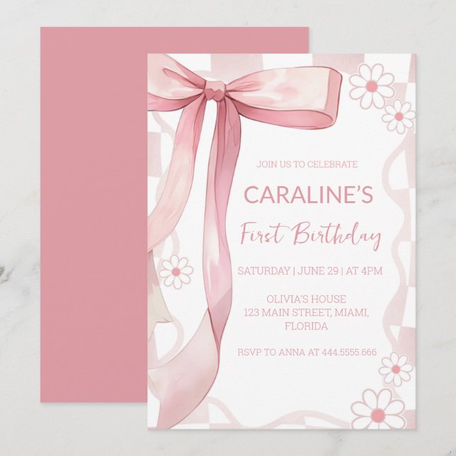 Invitation Doodle Whimsical Pink Bow Premier anniversaire (Devant / Derrière)