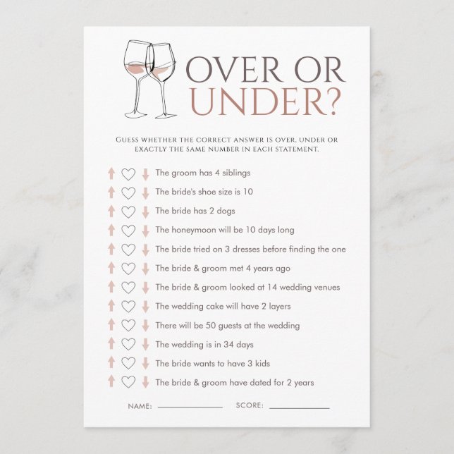 Invitation Doodle Wine Over or Under Bridal Shower Game Card (Devant)