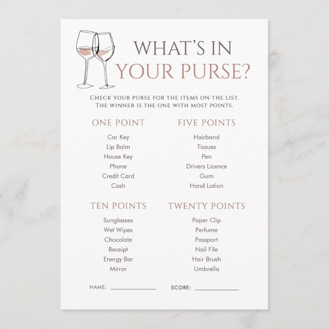 Invitation Doodle Wine Whats in Purse Bridal Shower Game (Devant)
