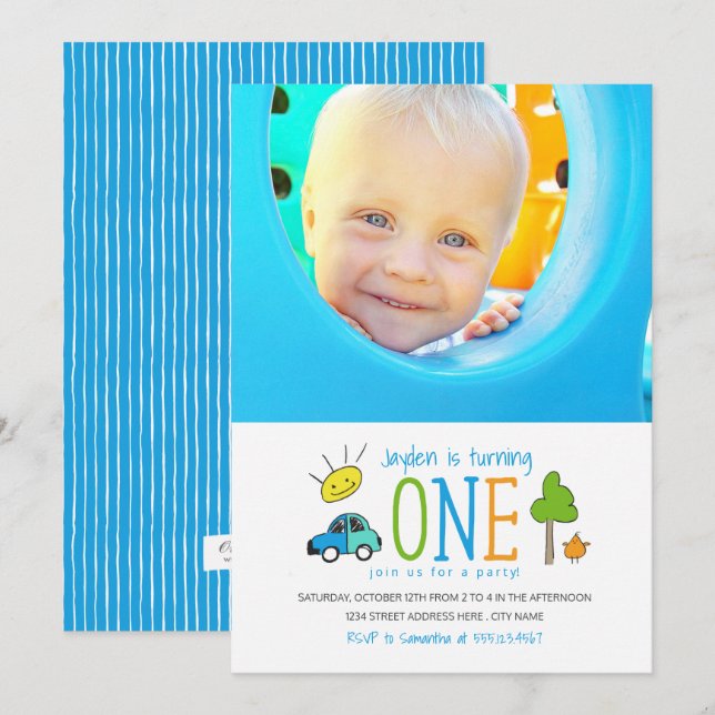 Invitation Doodles colorés 1er Anniversaire Parking Soleil (Devant / Derrière)