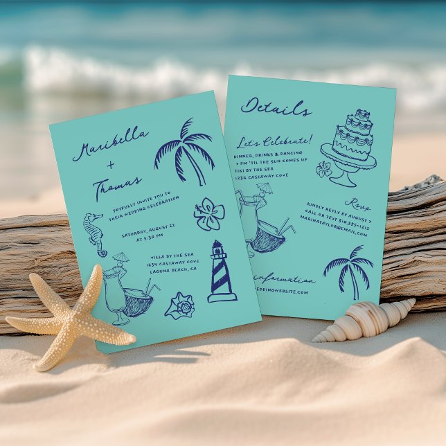 Invitation Doodles de plage dessinés à la main en un seul Mar (Créateur téléchargé)