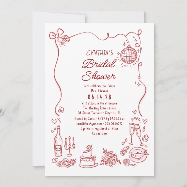 Invitation Doodles Dessinés à la Main Mariage Funky et Fantai (Devant)