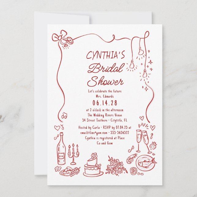 Invitation Doodles Dessinés à la Main Mariage Funky et Fantai (Devant)