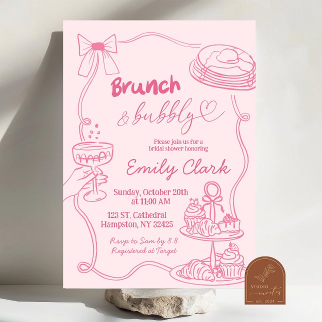 Invitation Doodles Dessinés à la Main Rose Brunch et Bulles (Créateur téléchargé)