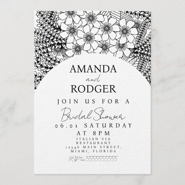 Invitation Doodles Floraux Mariage Noir Blanc (Devant)