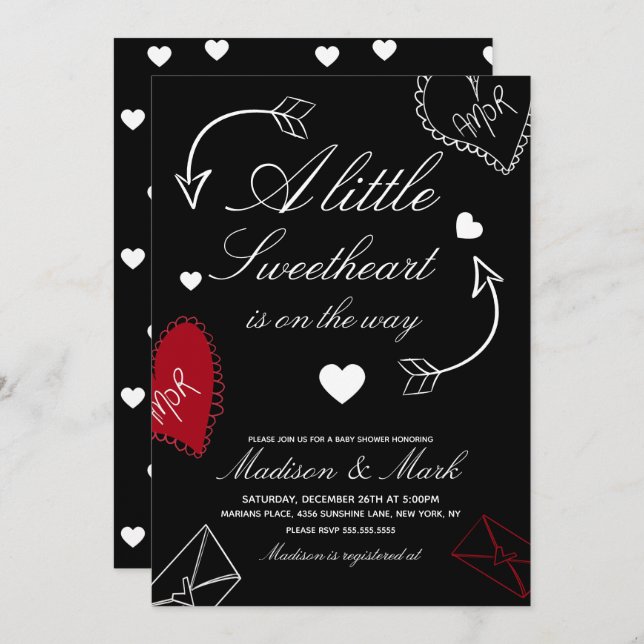 Invitation Doodles Sweetheart On the way  Baby Shower  (Devant / Derrière)