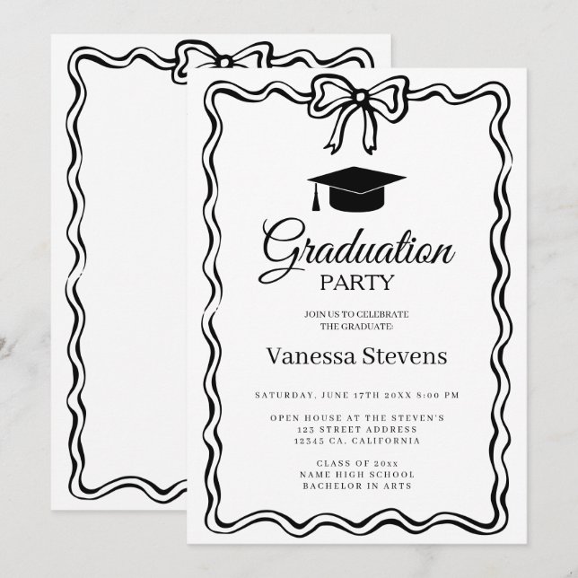 Invitation Doodles tirés à la main Classic Graduation Cap Par (Devant / Derrière)