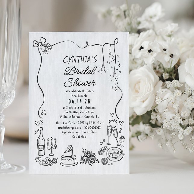 Invitation Doodles tirés à la main Funky Whimsical Fête des m (Whimsical Funky Drawings Bridal Shower Invitation)