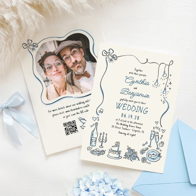 Invitation Doodles tirés à la main photo Mariage lunaire (Hand-drawn whimsical wedding photo invitation)