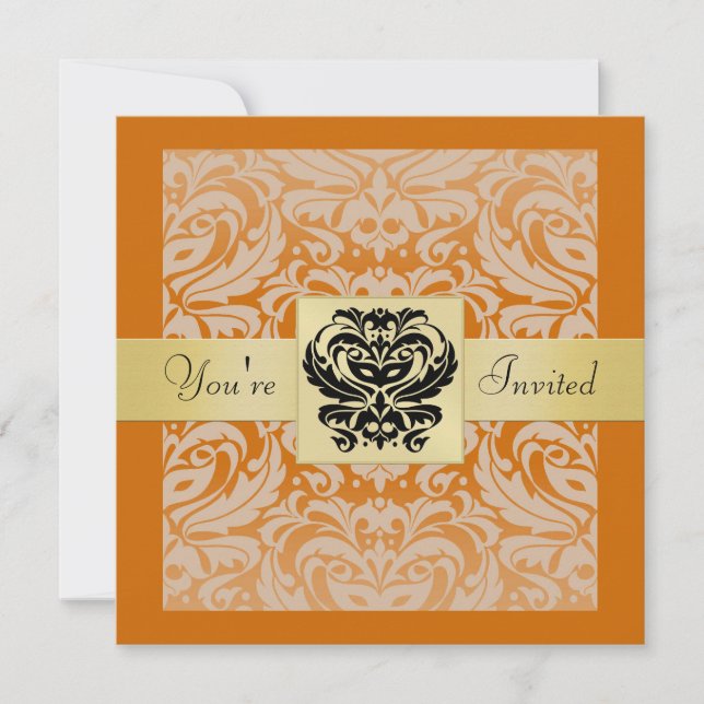 Invitation d'or d'Halloween Orange Mask Damask (Devant)