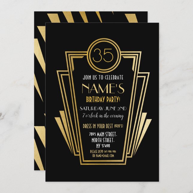 invitation d'or Gatsby Art déco des années 1920 (Devant / Derrière)