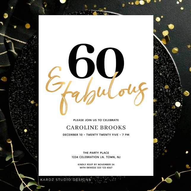 Invitation d'or moderne 60e anniversaire (Invitation for sixtieth birthday shown in flat 5x7 in. card. Personalize in edit this design button.)