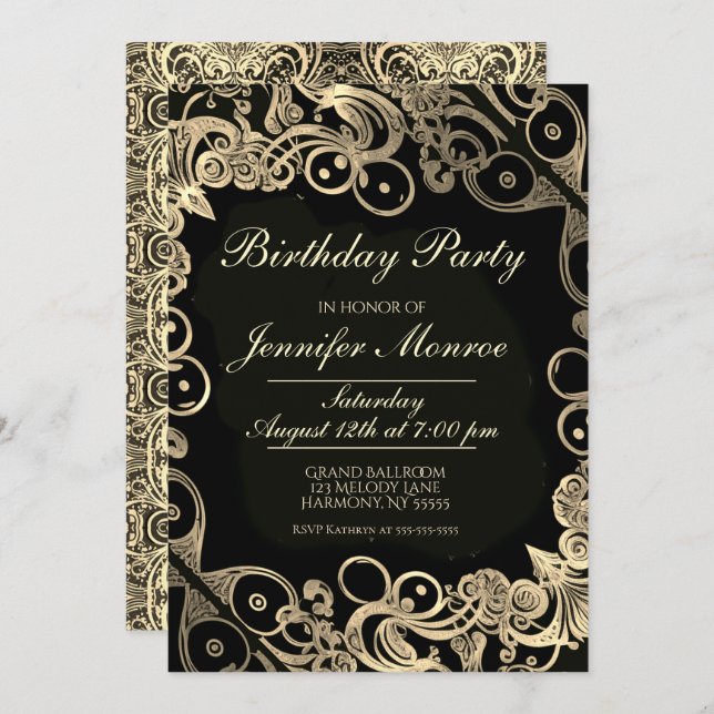 Invitation d'or Ornate de la fête d'anniversaire r (Devant / Derrière)