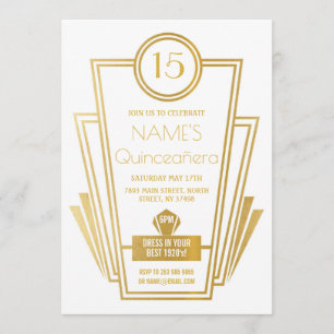 Invitation d'or Quinceanera Art Déco Gatsby 1500
