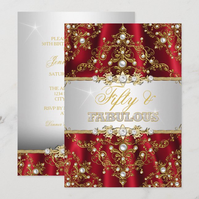 Invitation d'or rouge perle damassé cinquante et f (Devant / Derrière)