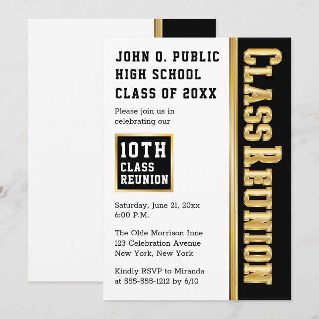 Invitation Doré | Black Modern Class Reunion Party (Devant / Derrière)