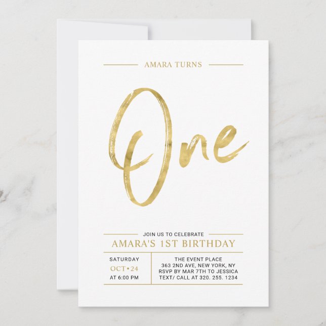 Invitation Doré | Brush Letting One 1st Birthday Party (Devant)