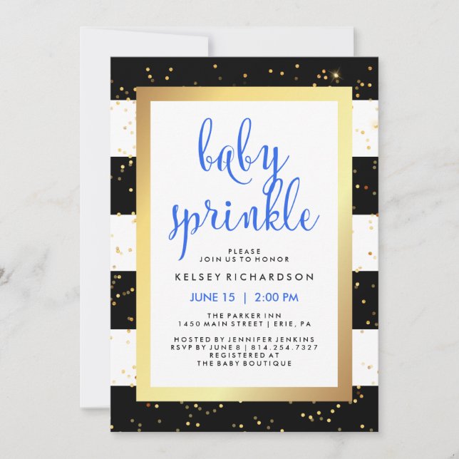 Invitation Doré noir et blanc rayures Baby Sprinkle | Bleu (Devant)