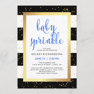 Invitation Doré noir et blanc rayures Baby Sprinkle Bleu