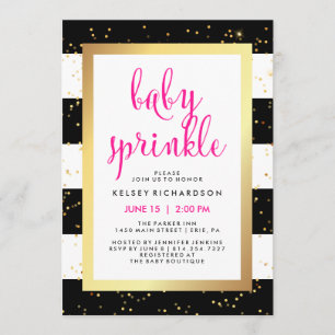 Invitation Doré noir et blanc rayures Baby Sprinkle   Rose