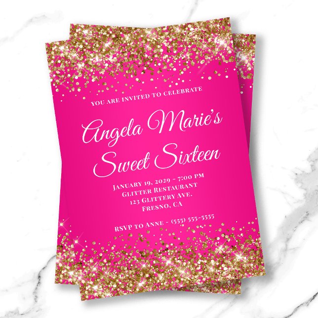 Invitation Doré Pailleté Rose Chaud Fantaisie Monogramme Swee (Gold Glitter Hot Pink Fancy Monogram Sweet Sixteen Invitation)